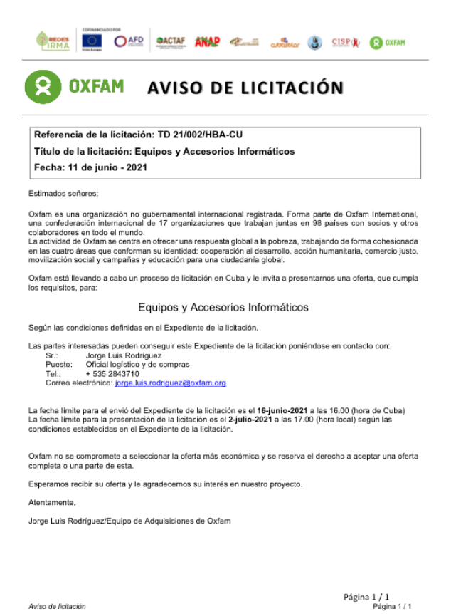 Aviso de Licitación Equipo y Accesorios Informaticos Oxfam Cuba