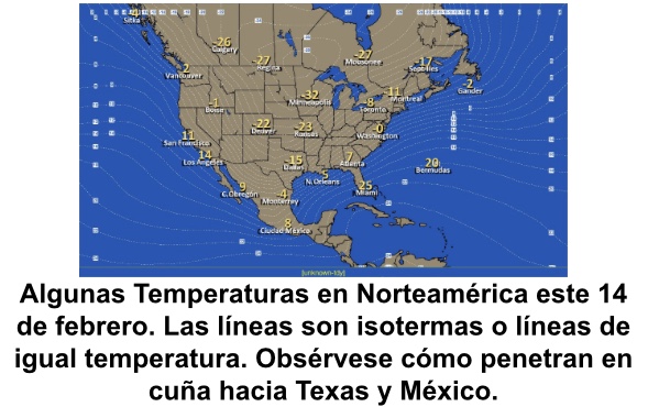 Temperaturas en Norteamérica el 14 de febrero de 2021