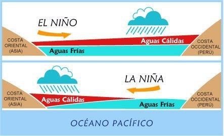 Esquema que muestra la distribución de la temperatura en la superficie del mar en “El Niño” y “La Niña”.