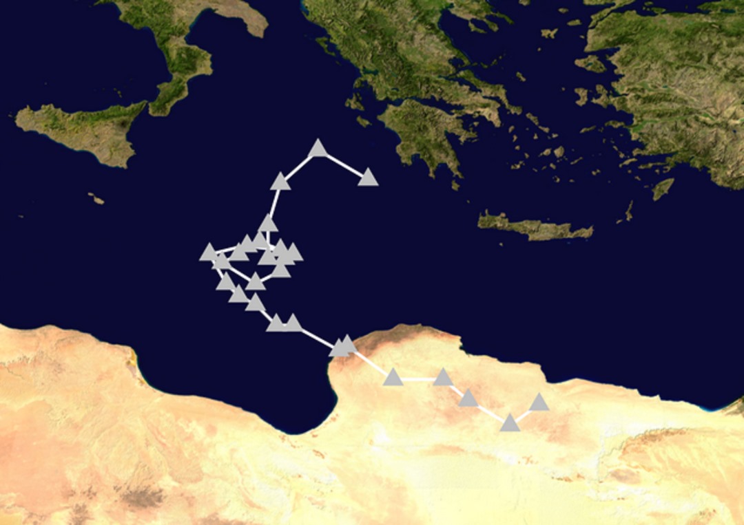 Trayectoria del medicane o Tormenta “Daniel” en el Mediterráneo.