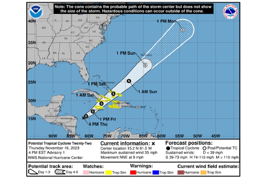 Cono de Probabilidad de trayectoria del Ciclón Tropical Potencial 22