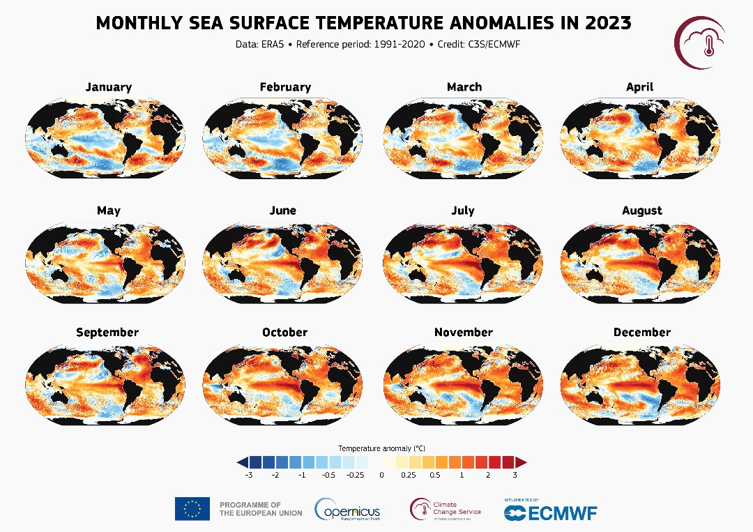 Imagen de Copernicus, Unión Europea, que muestra las anomalías de la temperatura en el planeta para los diferentes meses del año 2023.