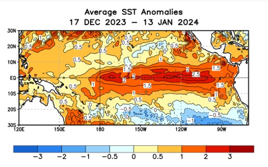 El Niño muestra toda su intensidad en las anomalías positivas de la Temperatura Superficial del Mar en la zona ecuatorial del océano Pacífico, representado en esta gráfica por el color rojo. Crédito: NOAA 