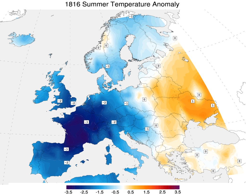 Anomalías de la Temperatura en el verano de 1816 comparándola con los datos climatológicos del período 1971-2000. Fuente de datos: NOAA