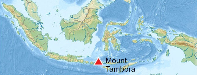 Localización del Monte Tambora en Indonesia, océano Pacífico