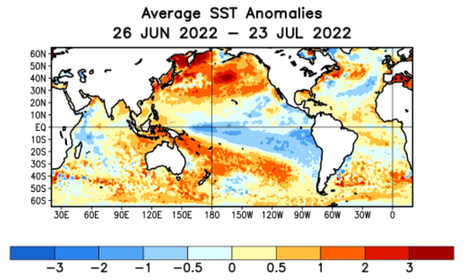 Promedio de las Anomalía de la Temperatura de la Superficie del Mar del 22 de junio al 23 de julio de 2022. Se observa en color azul en el Pacífico central y oriental, la zona oceánica con anomalías negativas, o enfriamiento, propios del evento La Niña