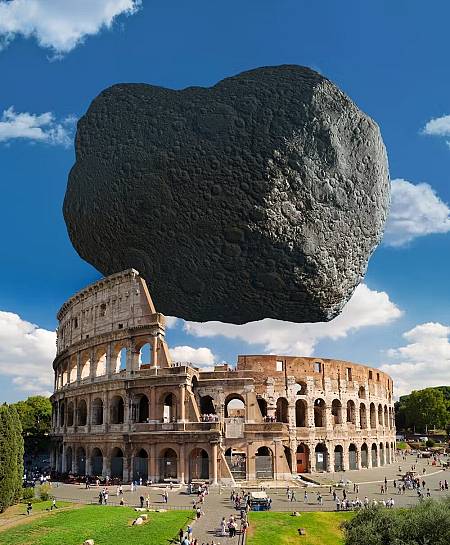 El asteroide o mini-luna Dimorphos de 160 m de diámetro comparado con el Coliseo de Roma. Foto: ESA-OFICINA CIENTÍFICA