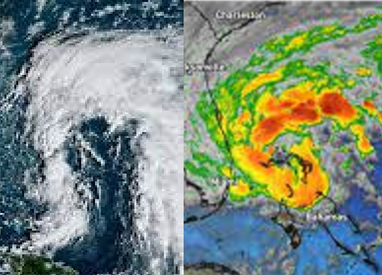 Nicole en dos momentos: A la izquierda como ciclón subtropical, y a la derecha como ciclón tropical. Obsérvese la diferente forma del campo nuboso.