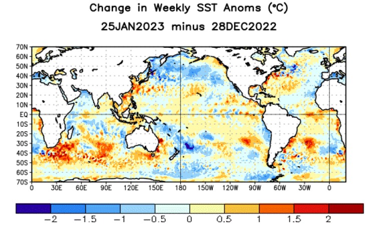Cambios en las Anomalías de la Temperatura superficial del Mar del 25 de al 28 de enero de 2023. Se observan ya algunas manchas rojizas en el área cercana a Oeste de Centroamérica y el Norte de Sudamérica, las que denotan temperaturas más altas que lo normal.